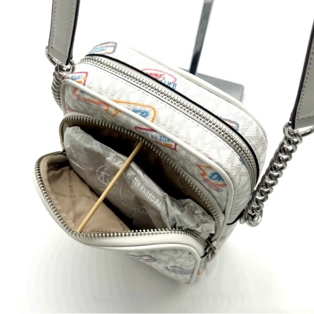 Michael Kors Jet Set Medium Printed Signature Logo Crossbody Bag Optic White